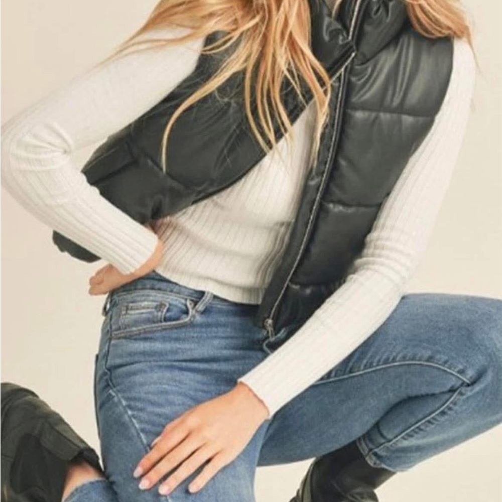 Black Faux Leather Puffer Vest NWT Large